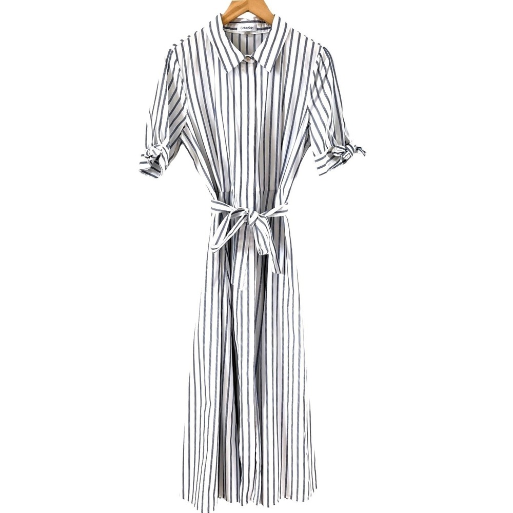 Calvin Klein Shirt Dress Women 8 Blue White Excellent Striped Midi Cotton Belted - Picture 2 of 16